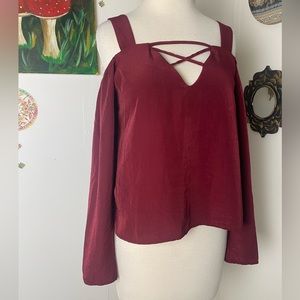 Harlowe & Graham spring wine colored long sleeve cold shoulder straps sexy top S